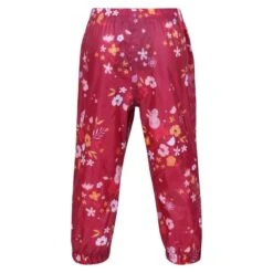 Regatta Pantalon Imperméable FLORAL Enfant (Rose Foncé / Orange) -Promos Regatta || Quechua || Dare 2b Boutique pantalon impermeable floral enfant rose fonce orange 1